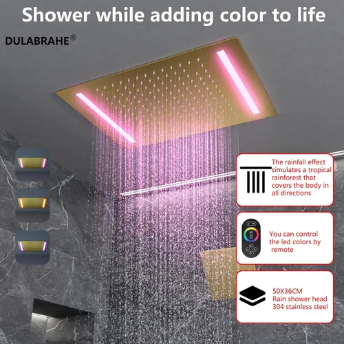 Vista 5 de Sistema de ducha termostático y cabezal de ducha de lluvia LED de techo de Oro cepillado