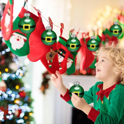 Vista 5 de Soulchen 16 adornos de bola de Navidad de elfo de 2.36 pulgadas, bola colgante con purpurina inastillable, adorno de árbol de elfo verde, decoración