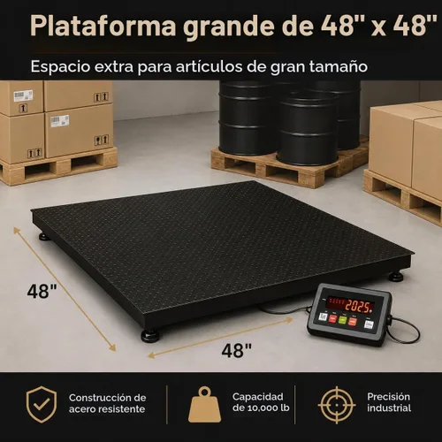 Vista 4 de Báscula industrial de suelo de 48 x 48 pulgadas, báscula de palé precisa de 10000 libras x 1 libra con indicador digital inteligente, báscula