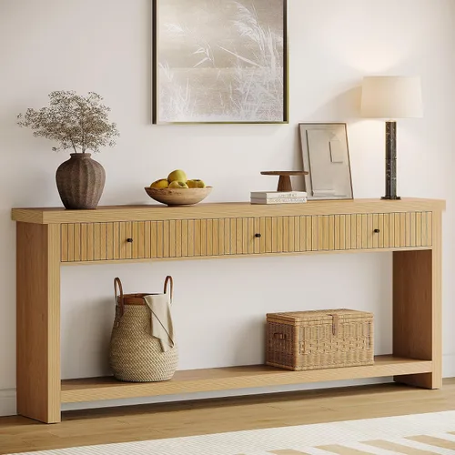 Vista 10 de Tribesigns Mesa de entrada extra larga de 70.9 pulgadas con 3 cajones, mesa consola de sofá con estantes de almacenamiento abiertos, mesas de madera
