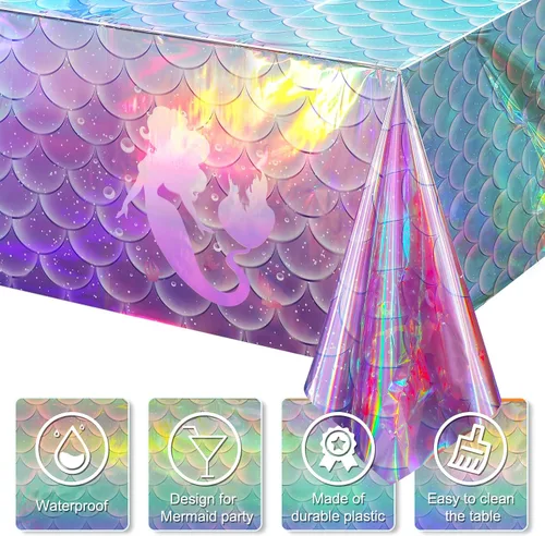 Vista 4 de 1 mantel de plástico iridiscente de sirena, manteles desechables con láser de sirenas, funda de mesa desechable para niñas, cumpleaños, bodas