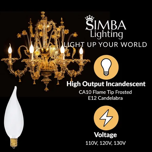 Vista 2 de Simba Lighting Candelabro CA10 con punta de llama esmerilada de 25 W, base E12 (paquete de 12) bombillas incandescentes decorativas de 120 V