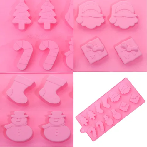 Vista 4 de Mini Skater Juego de 2 moldes de silicona de Navidad de 12 cavidades para hacer jabón, velas, dulces, chocolate y más (molde navideño rosa)