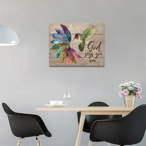 Vista 3 de Arte de pared de colibrí cristiano con texto en inglés "God says you ers", impresiones en lienzo, pintura rústica de pájaros de campo, obras de arte