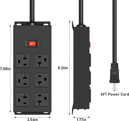 Vista 2 de JUNNUJ Regleta de alimentación resistente de 20 amperios, garaje 6 salidas de metal calibre 12, protector de sobretensiones 3000J, adaptador 5-15P