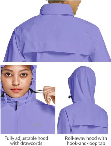 Vista 5 de BALEAF Chaquetas impermeables para mujer, cortavientos resistentes al viento, para correr, ligeras, reflectantes, plegables, con capucha