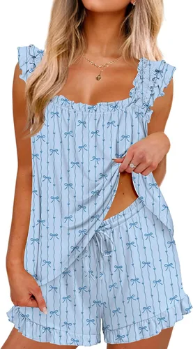 Vista 12 de Ekouaer Conjunto de pijama para mujer, conjunto de 2 piezas con volantes, camiseta sin mangas suave y pantalones cortos, conjunto de pijama de novia