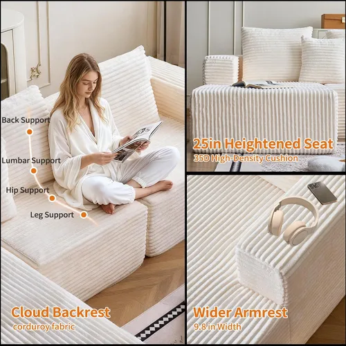 Vista 4 de Sofá modular de pana moderno con diván, tela acanalada negra, sofá de sala de estar en forma de L (beige, sillón orientado a la izquierda)