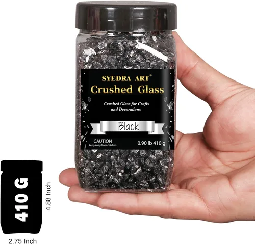 Vista 4 de Syedra - Vidrio triturado para manualidades, chips de alto brillo triturado con purpurina, piezas de vidrio roto, 0.118-0.236 in, 410G (negro)