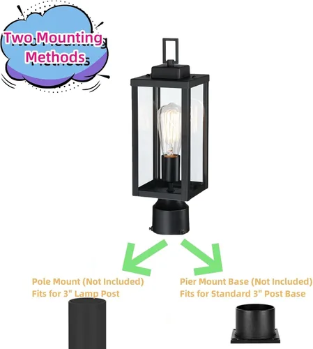 Vista 4 de WISBEAM Luz de poste para exteriores, linterna de poste, base E26 de 60 W máximo, carcasa de metal más vidrio, calificación ETL, bombillas