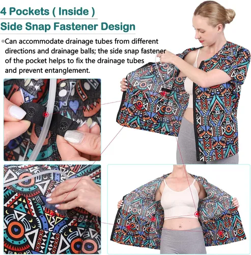 Vista 3 de Mastectomy - Camisa de recuperación postoperatoria con bolsillos de gestión de drenaje, talla unisex para hombre y mujer