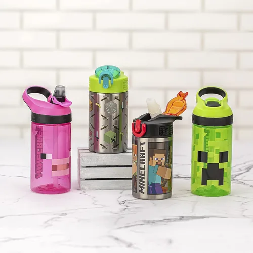 Vista 9 de Zak Designs Minecraft - Botella de agua para niños con popote y asa de transporte integrado, hecha de plástico, diseños de botellas de agua a prueba