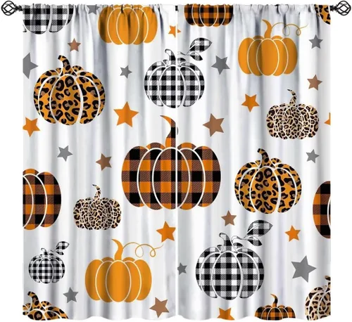 Vista 12 de Cortinas de calabaza de animales, lindos dibujos animados de animales del bosque, hojas de otoño y hongos, estampado de hojas y hongos, tratamientos