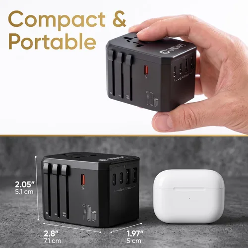Vista 6 de Unidapt Adaptador de viaje universal, adaptador de enchufe internacional de 70W con 3 USB-C PD de carga rápida y 2 USB-A de carga rápida, adaptador