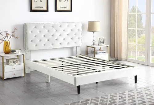 Vista 5 de Base de cama de plataforma tapizada completa con cabecero ajustable de 48 pulgadas de alto, cama de terciopelo de gamuza copetuda con botones