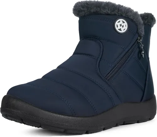 Vista 24 de Eagsouni Botas de nieve para mujer, botines de invierno para mujer, con forro de piel cálida, botines gruesos con cremallera, zapatos planos