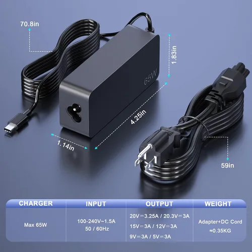 Vista 5 de Lenovo - Cargador para laptop, adaptador de CA de 65 W y 45 W, fuente de alimentación USB C, cable de alimentación para Lenovo Ideapad Thinkpad