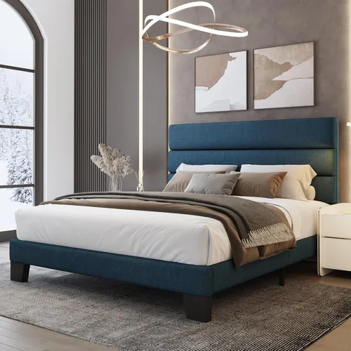 Vista 17 de WEEWAY Base de cama tamaño individual con cabecera tapizada de tela de lino y soporte de listones de madera, base de colchón resistente, no necesita