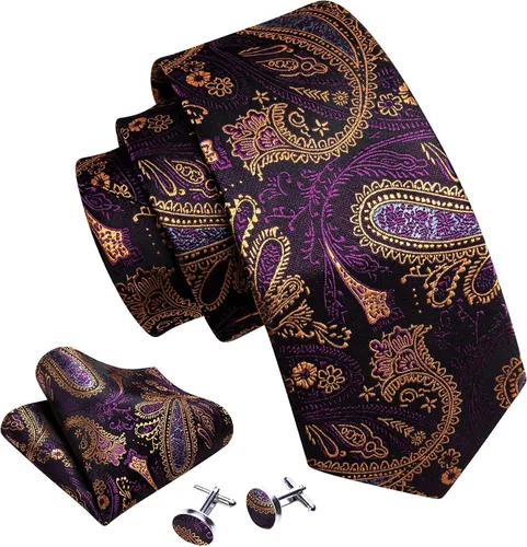 Vista 132 de Barry.Wang - Juego de corbata de seda para hombre, diseño de cachemira, pañuelo y gemelos de bolsillo