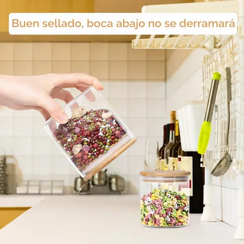 Vista 5 de Dabacc Paquete de 4 tarros de vidrio con tapas herméticas de bambú, recipientes de cocina de vidrio transparente para almacenamiento de alimentos