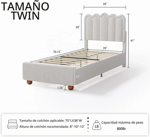 Vista 2 de LIDYUK Marco de cama individual con cabecera ajustable, marco de cama tapizado Boucle tamaño individual, marco de cama de plataforma con soporte