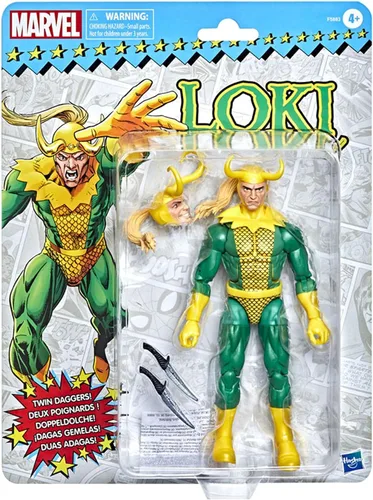 Vista 2 de Marvel Legends Series Loki - Figura de acción de embalaje retro de 6 pulgadas, 3 accesorios