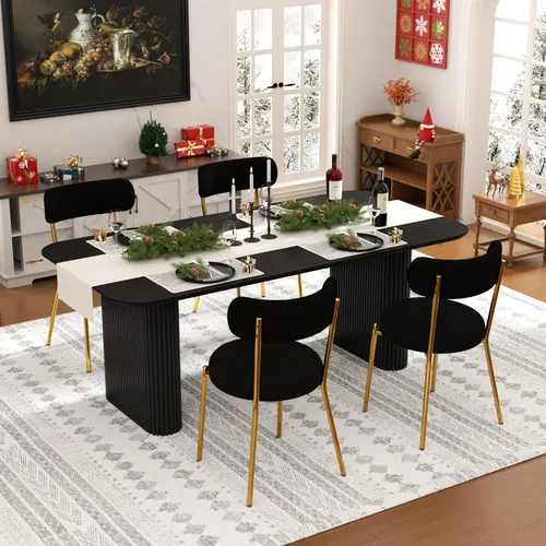 Vista 26 de Juego de mesa de comedor ovalada negra moderna de 70.9 pulgadas para 4, mesa de cocina rectangular estilo crema con sillas negras Boucle, juego