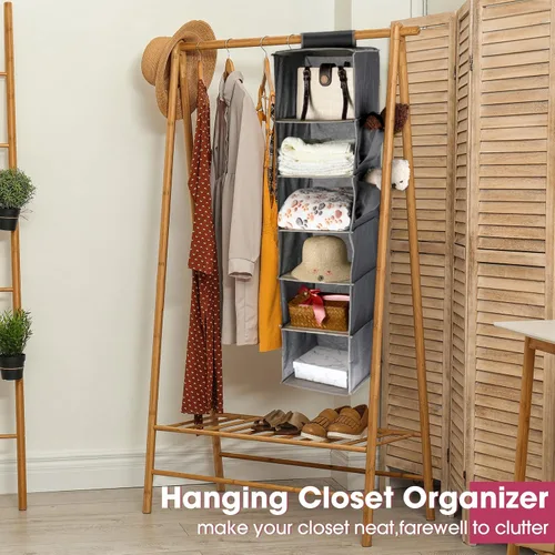 Vista 6 de Paquete de 3 organizadores y almacenamiento colgantes de armario, 6 estantes colgantes para ropa, organizador de ropa plegable, estantes de tela