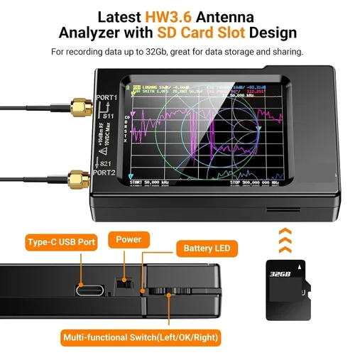 Vista 4 de Spectrum Analyzer, VNA-H Vector Network Antenna Analyzer 10KHz-1.5GHz MF HF VHF UHF W/Shell SD Card Slot Supprt 32G Digital VNA-H Tester