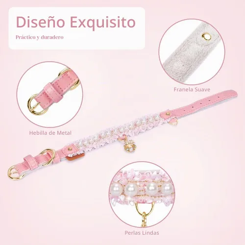 Vista 4 de Collar Premium de Cuero PU para Gato y Perro con Colgante de Concha - Ajustable, Perla Linda, Encaje Hermoso, Rosa Pequeña