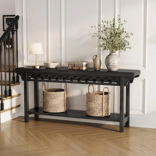 Vista 5 de LITTLE TREE Consola de 70.87 pulgadas de largo, mesa de entrada estrecha de madera maciza con estante, mesa de sofá rústica para sala de estar, Negro