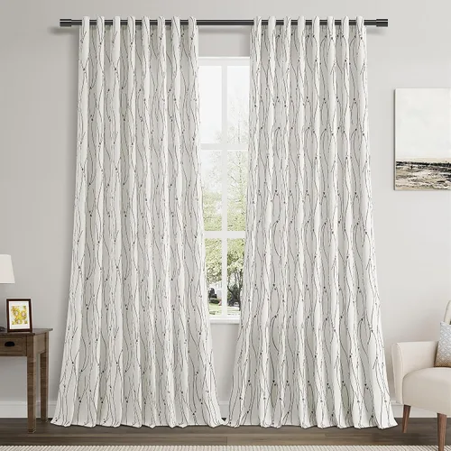 Vista 22 de Joywell Cortinas jacquard con ojales para sala de estar, 108 pulgadas de largo, línea ondulada negra con patrón de puntos, cortinas bordadas