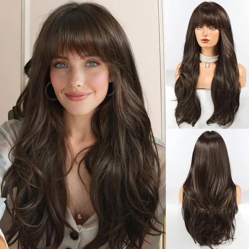 Vista 10 de HAIRCUBE Peluca larga rubia mezclada con marrón con flequillo, pelucas rizadas en capas para mujeres, pelucas sintéticas naturales para uso diario