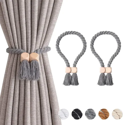 Vista 48 de NICEEC 2 Pack de Alzapaños Magnéticos de Madera en Forma de Cubo Boho para Decoración del Hogar, Alzapaños de Lino Tejidos a Mano para Cortinas Beige