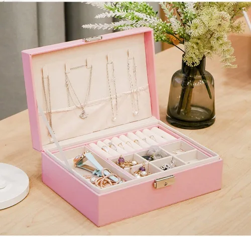 Vista 8 de H-RONG Joyero para mujeres y niñas, de cuero, con 2 capas, organizador grande de joyas con candado, caja de almacenamiento para collares, aretes