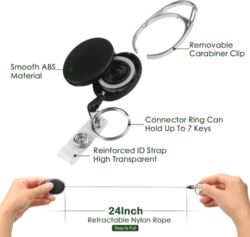 Vista 3 de 2 llaveros retráctiles, clip de carrete de mosquetón resistente, soporte para insignia con cordón, soportes retráctiles para insignias con cable