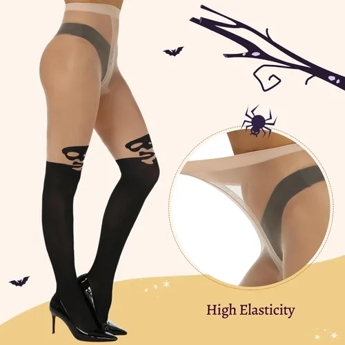 Vista 5 de MANZI Medias de Halloween para mujer, a rayas, estampadas, para disfraz de nylon