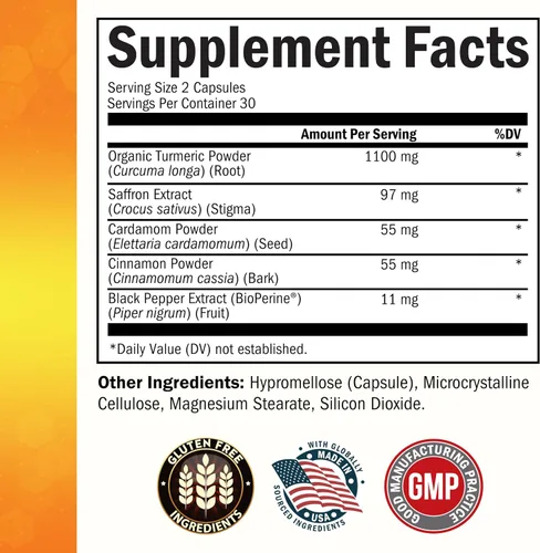Vista 3 de Suplemento de cúrcuma con azafrán, canela, cardamomo y bioperina - 60ct