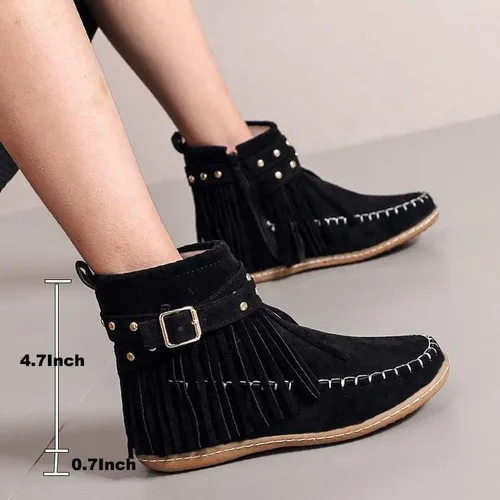 Vista 4 de AUNTHUI Sursell - Botines de gamuza para mujer, con flecos, punta redonda, planos, cálidos, de moda, occidentales, para exteriores, con cremallera