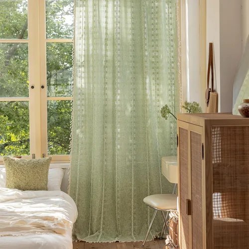 Vista 12 de Deeprove Cortina Boho de 96 pulgadas de largo para sala de estar, dormitorio, guardería, lino café semi-transparente transpirable de 96 pulgadas