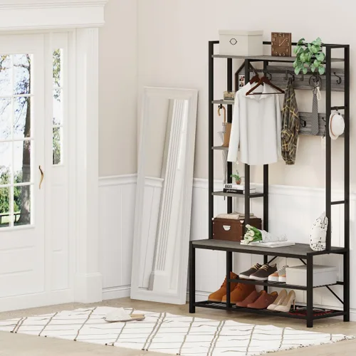 Vista 8 de BON AUGURE Árbol de pasillo con banco y almacenamiento para zapatos, banco de entrada con perchero, árbol de abrigos de madera y metal con ganchos