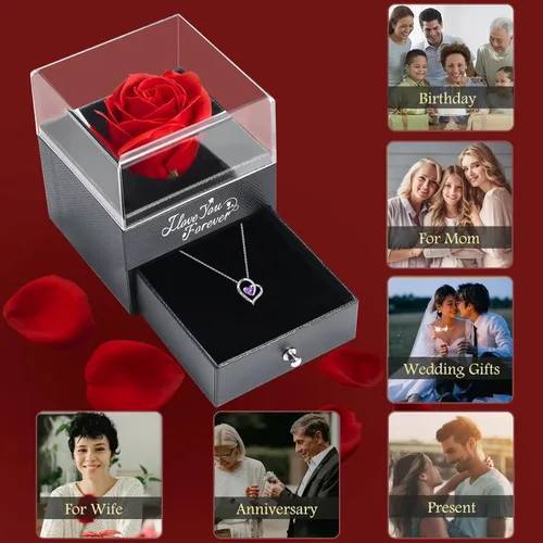 Vista 5 de Collar de rosa roja preservada con mamá, collar de piedra natal de corazón de rosa encantada eterna, regalo de cumpleaños para mamá de hija, hijo