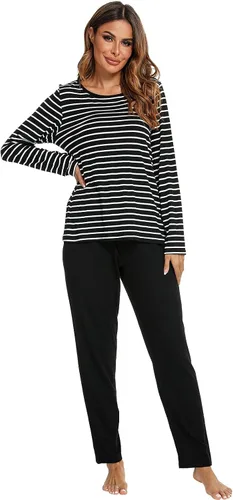 Vista 2 de Pijamas de algodón para mujer, ropa de dormir de manga larga con pantalones, suave y cómoda a rayas, conjunto de pijama para mujer