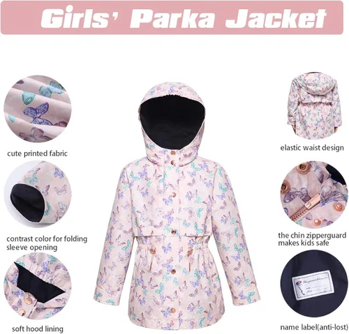 Vista 4 de Rokka&Rolla Chaqueta impermeable con capucha para niñas, ligera, rompevientos