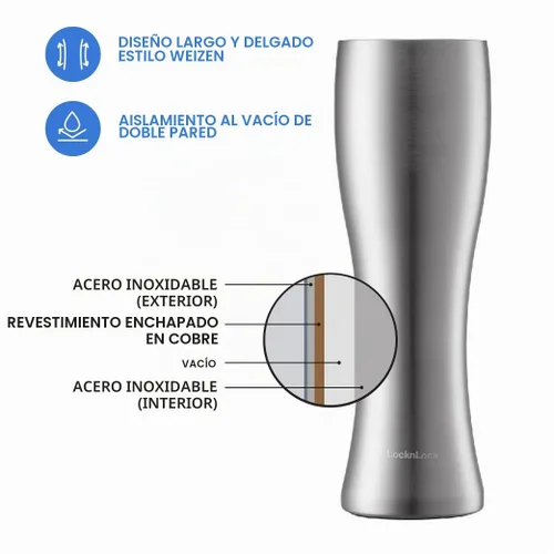 Vista 4 de LocknLock - Vaso para cerveza con tapa para bebida, cóctel, sin condensación, doble pared aislada, acero inoxidable, vajilla estilo pilsner, 560ml
