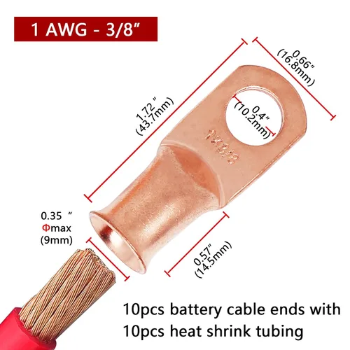 Vista 9 de 10 piezas de lengüetas de batería de 1 AWG-3/8, lengüetas de cable de cobre, extremos de cable de batería resistentes listados UL, terminales