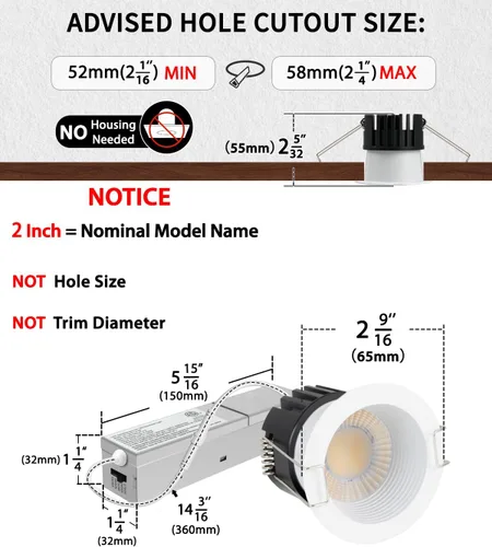 Vista 4 de Adetu lámpara de techo empotrable antirreflejos LED de 2 pulgadas, 5 CCT, con caja de conexiones, 2700K/3000K/4000K/5000K seleccionables, CRI90+, 8