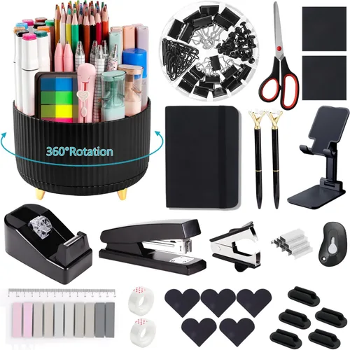 Vista 30 de Suministros de oficina, accesorios de escritorio negros, juego de suministros de oficina, juego de grapadora y dispensador de cinta, tijeras