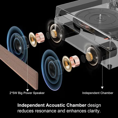 Vista 5 de Tocadiscos de vinilo con altavoces, tocadiscos Bluetooth vintage rosa con modos de sonido EQ y pantalla LED, tocadiscos de 3 velocidades para discos