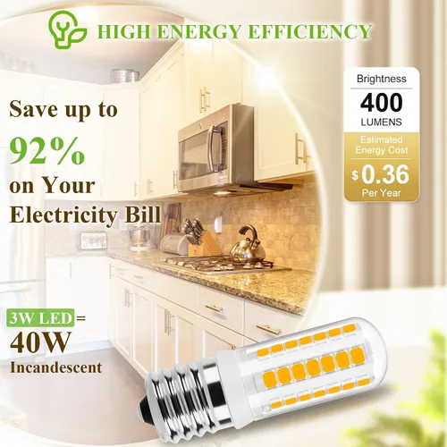 Vista 5 de DiCUNO Bombilla LED E17 regulable, bombillas para horno de microondas, 2700 K blanco cálido, 3 W (reemplazo incandescente de 40 W), 400 lm, 120 V